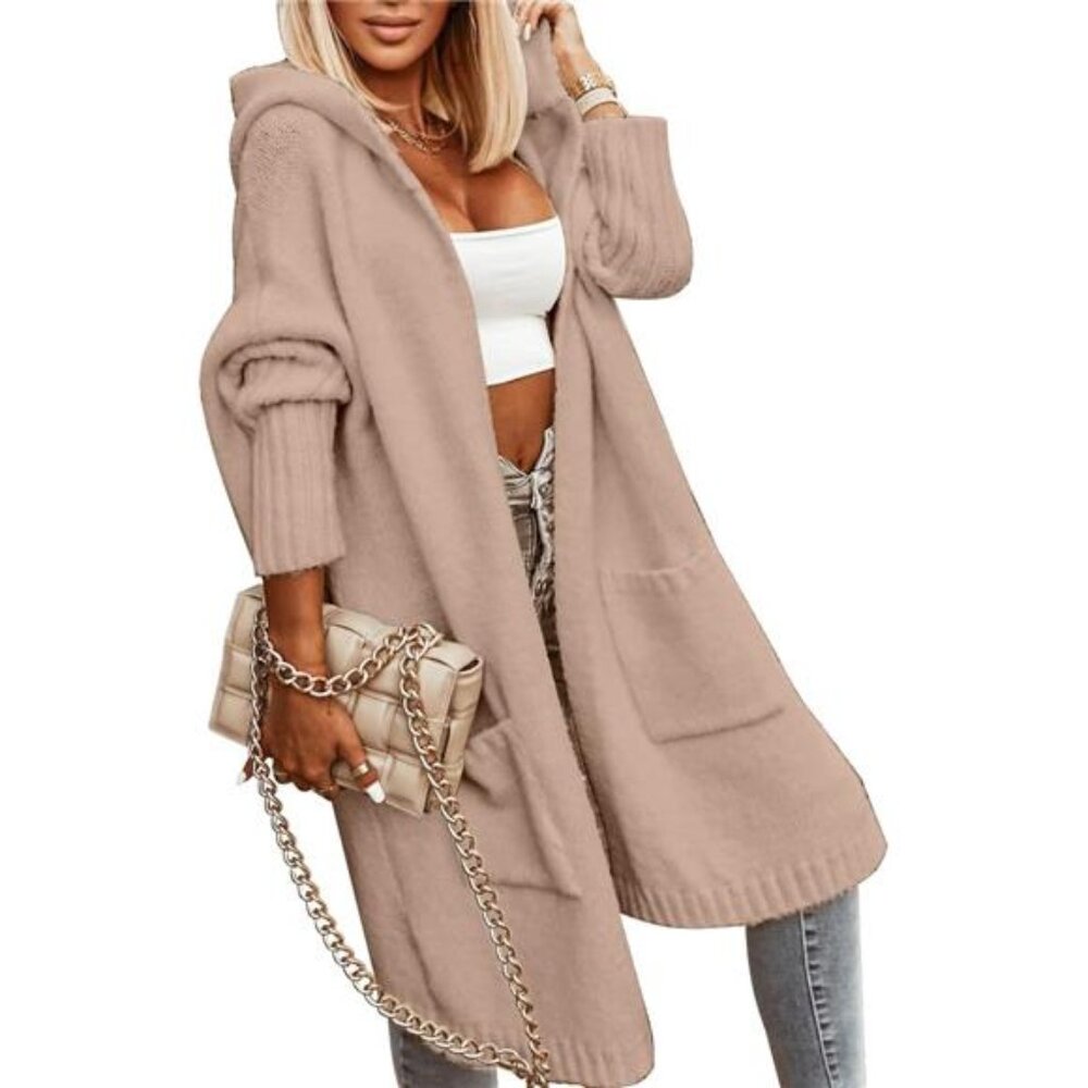 Womens Long Cardigans Cable Knitted OpenFront Oversized Hooded Outerwear Sweater